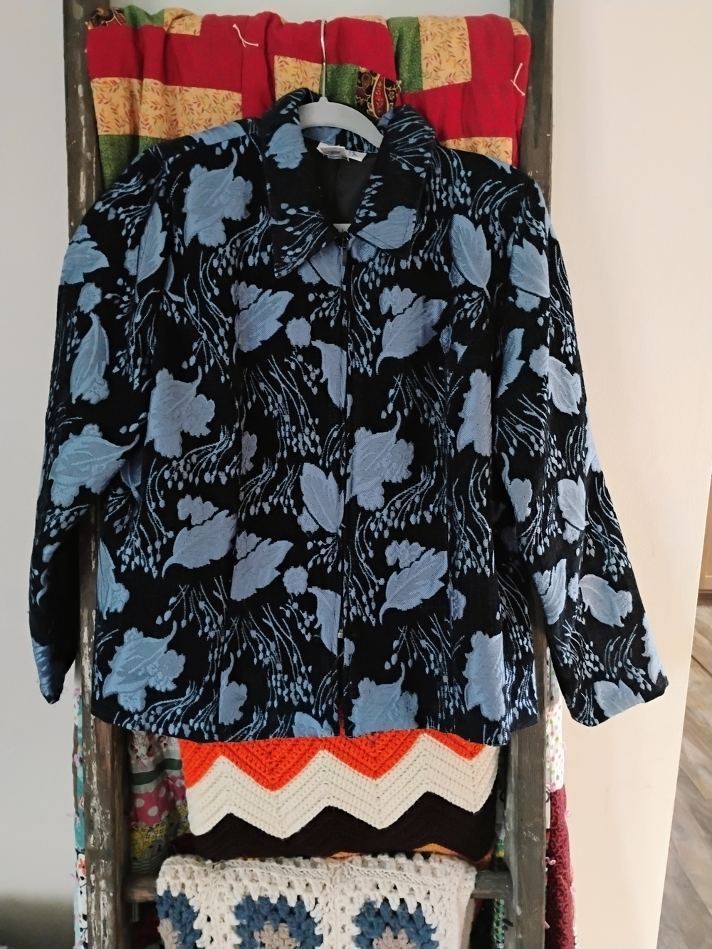 Black Teddy Jacket with Light Blue Floral Burnout